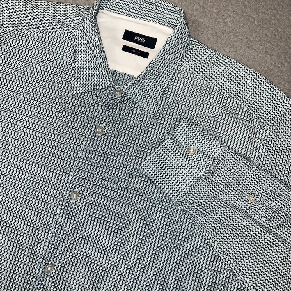 Boss Hugo Boss Dress Shirt Men's Sz L Light Blue Geometric Slim Fit Button Down